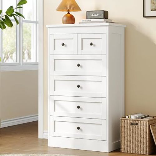 Tall 6 Drawer Dresser for Bedroom, White Modern 43.3'' Tall Wood Chest of Drawers, Storage Organizer with Smooth Metal Rails & Anti-Tip Kit for Closet, Hallway, Living Room