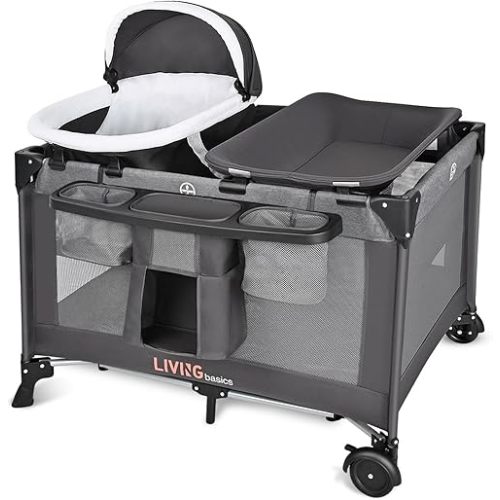 LIVINGbasics 4 in 1 Baby Playard, Foldable Baby Bassinet with Removable Cradle and Changing Table for Home/Travel/Outdoor