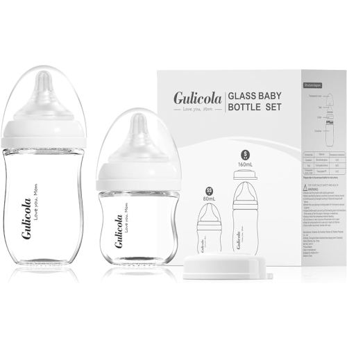 Gulicola Natural Glass Baby Bottle Newborn Set, 3 oz and 5 oz with Extra Slow Flow & Slow Flow Nipple, Anti Colic, 0-3 Months, 2 Pack - White