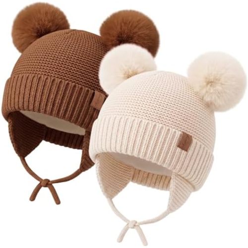 Konssy 2 Pack Baby Beanie Hat with Ear Flaps, Newborn Winter Hat 0-6 Months