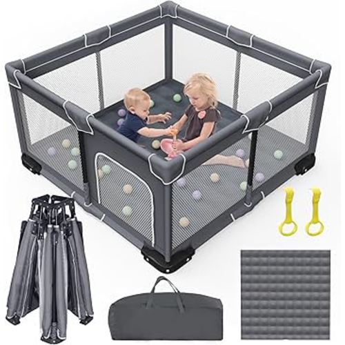 Foldable Baby Playpen with Mat, Foldable Playpen for Babies and Toddlers, Folding Portable Kids Play Pen, Collapsible Play Yard with 2 Handles + Suitable Size Mat(Grey, 50x50 inches)