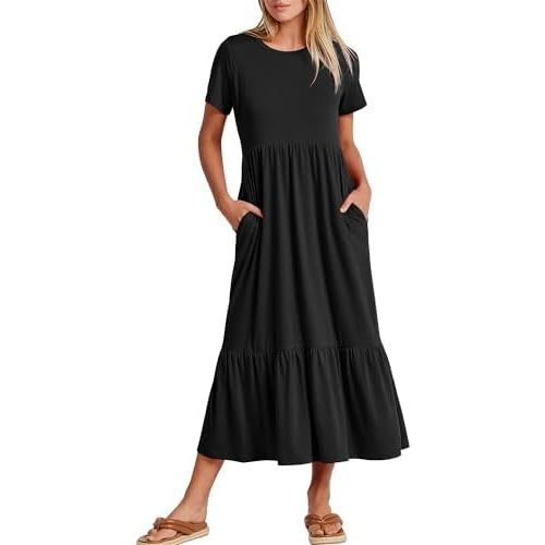 ANRABESS Womens 2026 Summer Casual Maxi Dress A line Tiered Flowy Short Sleeve Crewneck T Shirt Beach Travel Long Dresses