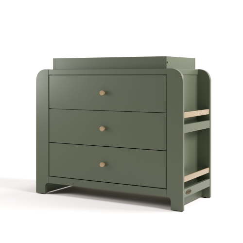 Graco Read-with-Me 3 Drawer Chest with Bookshelves and Removable Changing Topper, Olive with Driftwood