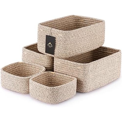 5-Pack Small Woven Rope Storage Baskets – 2 Sizes Organizer Bins for Closet, Shelf, Bookshelf, Nursery, Changing Table, Fabric Cube Boxes, Rectangular Shallow Bins for Bathroom, Toy & Home