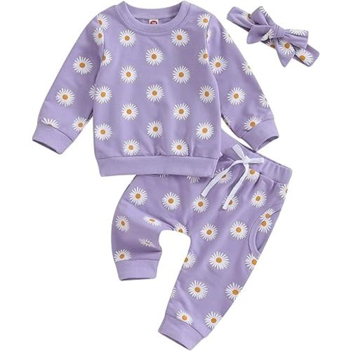 3Pcs Baby Girl Outfits Daisy Sweatshirt + Pants + Headband Infant Fall Winter Clothes