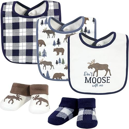 Hudson Baby Unisex Baby Cotton Bib and Sock Set, Moose Bear, One Size