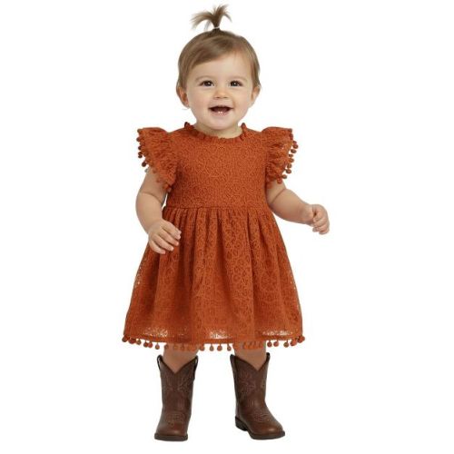 2Bunnies Baby Girls' 6M Lace Pom Pom Trim Girl Dress Orange 6 months