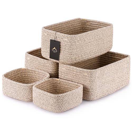 VIRETH HAUS 5-Pack Small Woven Rope Storage Baskets – 2 Sizes Organizer Bins for Closet, Shelf, Bookshelf, Nursery, Changing Table, Fabric Cube Boxes, Rectangular Shallow Bins for Bathroom, Toy & Home