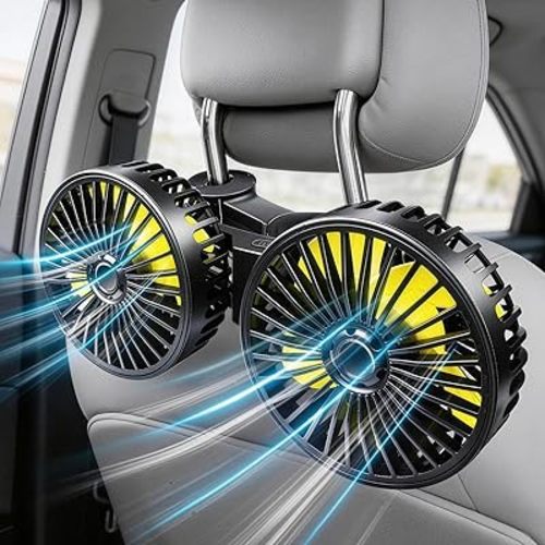 Poraxy Car Fans for Backseat Kids, Dual Head Car Fans that Blow Cold Air, Cooling USB Back Seat 3 Speed 360 Degree Rotatable Headrest Fan, Adjustable Clip Vehicles Rear Seat Air Fan for Sedan SUV RV