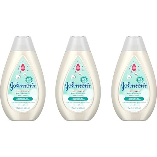 Johnson's CottonTouch Newborn Baby Wash & Shampoo with No More Tears, Sulfate-, Paraben- Free for Sensitive Skin, Made with Real Cotton, Gently Washes Away Dirt & Germs, 13.6 fl. oz, Pack of 3