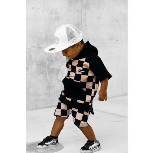 Short Sleeve Hoodie in Taupe + Black Checkered