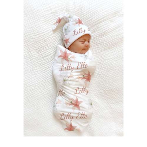 LILLY SWADDLE Baby Name Blanket - Floral Newborn Baby Girl Coming Home Outfit Flower PERSONALIZED Baby Shower Gift Hospital Photo Outfit