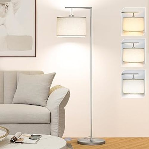 Floor Lamp for Living Room with 3 Color Temperatures Standing Lamp with Adjustable Beige Linen Lampshade Tall Lamps for Bedroom Office Classroom Dorm Room, 9W LED Bulb Included, Silver