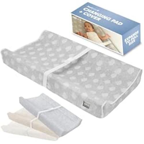 Jool Baby Serenity Soft Changing Pad + Washable Cover, Non-Slip - Fits Standard Changing Tables & Dressers (Cloud Pattern, Gray)