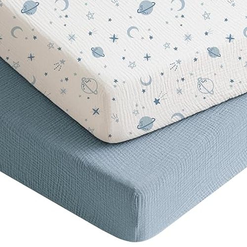 Konssy Muslin Crib Sheets for Boys, Soft Cotton Neutral Baby Sheets for Standard Crib Mattress 2 Pack, 52"x28" (Star,Blue)