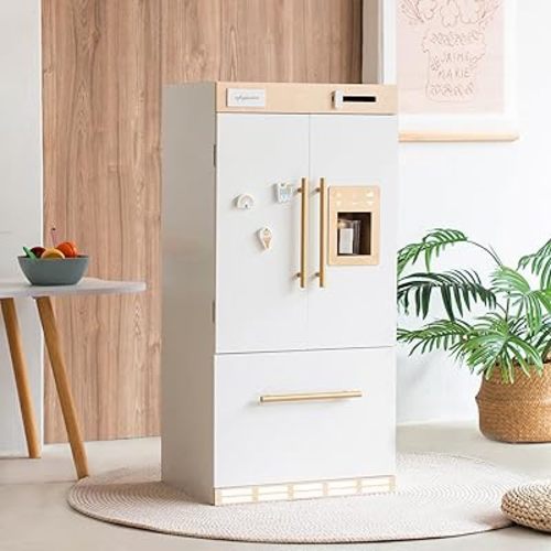 Wooden Play Kitchen Fridge – Interactive Ice Maker, Double Door Storage & Creative Fridge Magnets, Pretend Play Refrigerator for Boys & Girls 3+