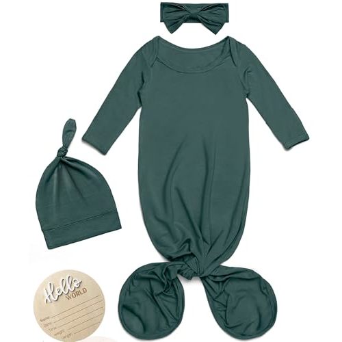 Newborn Knotted Gown Baby Girl Boy Sleepers, Coming Home Outfit 0-3 Months, Soft Nightgown Clothes with Hello World Sign