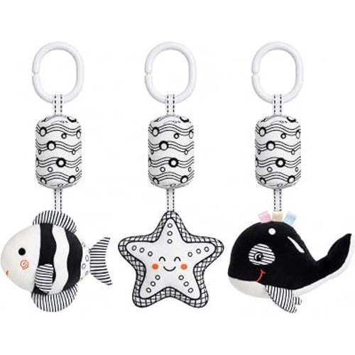 KAKIBLIN 3 Pack Hanging Rattle Toys, High Contrast Baby Hanging Toys and Plush Stroller Toys for Babies 0-18 Months, Newborn Black White Car Seat Toys (27CM, Whale,Striped Fish & Starfish)