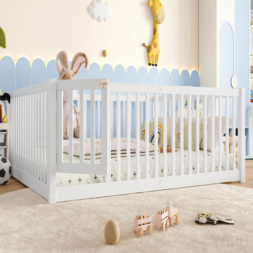 Ebern Designs Twin Size Bed Floor Bed with Safety Guardrails and Door for Kids, Gray | Wayfair