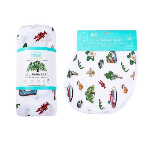 Gift Set: Louisiana Baby Muslin Swaddle Blanket and Burp Cloth/Bib Combo Baby Shower Essential for Newborn