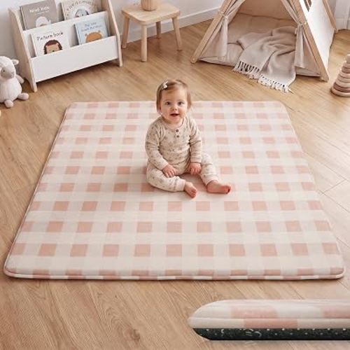 1.3" Thick Baby Play Mat for Floor 50x50 Playpen Mat Checkered Pink