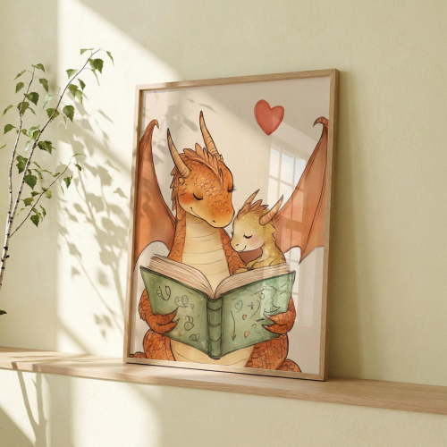 Baby Dragon Cuddling During Storytime Wall Art Whimsical Nursery Decor Dragon Unframed Paper Poster 11x14in