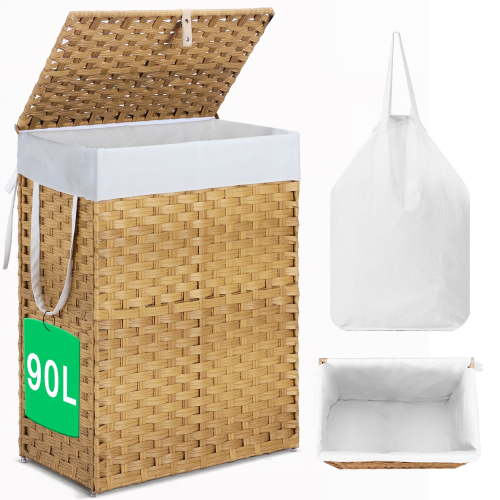 90L Foldable Laundry Hamper with Lid and Removable Liner, Wicker Basket for Bedroom & Bathroom, Yellow