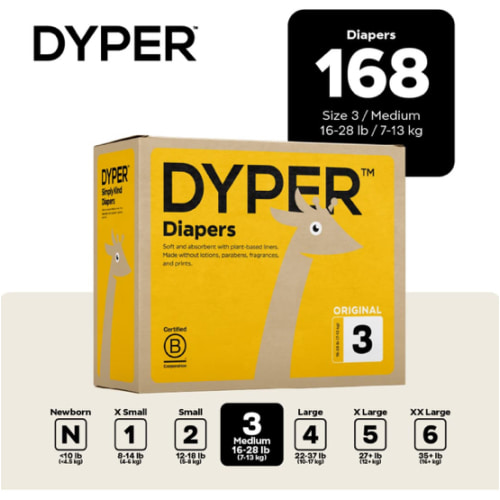 DYPER - Baby Diapers Hypoallergenic Cloth Alternative Day & Overnight Protection - Made with Plant-Based* & Honest Ingredients - Size 3 (168 Count)