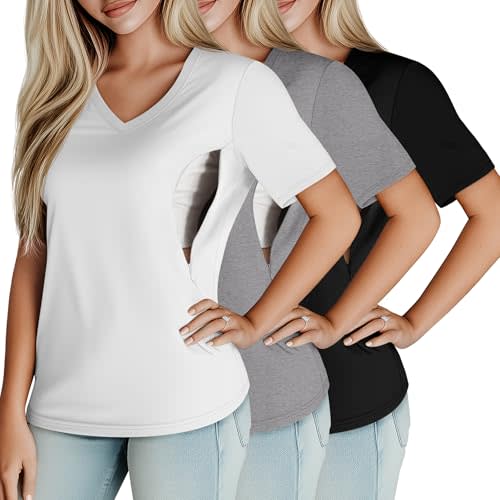 Huukeay 3 Pack Women's Maternity Nursing Tops, Hidden Zippers Breastfeeding Clothes V Neck Short Sleeve Pregnancy Shirts Tees