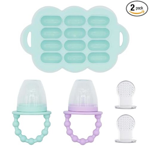 WeeSprout Silicone Baby Food Feeders + Freezer Tray for Batch Prep, Set of 2, Introduce New Foods Safely, Double as Teething Toys, Includes 2 Extra Pouches & Travel Lids, Dishwasher Safe