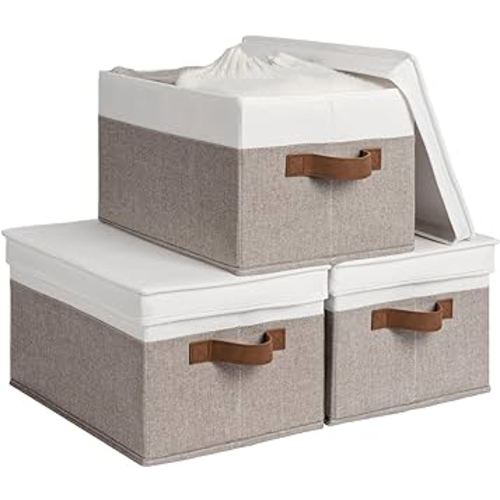 StorageWorks Multipurpose Storage Bins with Lids, Foldable Closet Storage Basket with PU Sewn Handles, Decorative Storage Boxes, Brown and White, Large, 3-Pack
