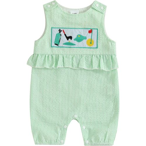 Newborn Baby Girl Golf Clothes Embroidery Ruffled Sleeveless Overall Romper Jumpsuit Stripe Playsuit Summer Outfit