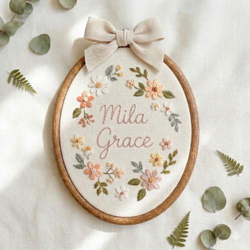 Personalized Hand Embroidered Floral Name Hoop: Floral Baby Nursery Wall Art