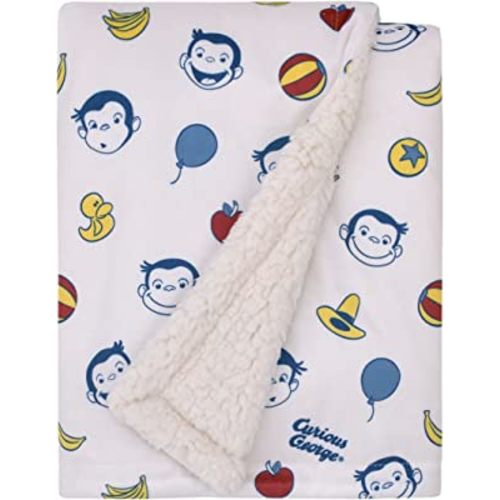 Welcome to The Universe Baby Curious George White, Blue, Red, and Yellow Balloons, Bananas and Hats Super Soft Sherpa Baby Blanket