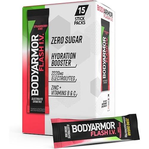 BODYARMOR Flash IV Electrolyte Packets, Strawberry Kiwi - Zero Sugar Drink Mix, Single Serve Packs, Coconut Water Powder (15 Count)