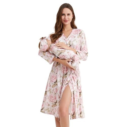 Galabloomer Maternity Robe and Baby Receiving Blanket, Matching Mommy Labor Delivery Robe and Swaddle Set