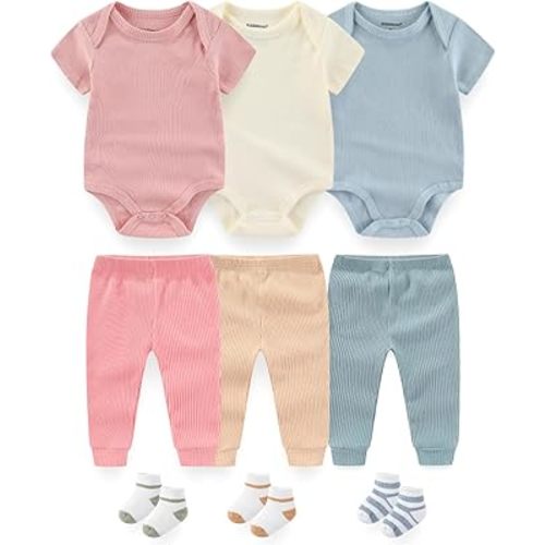 Baby Layette Gift Set 9-Piece Baby Bodysuits and Pant Socks Set Infant Boy Girl Clothes Outfits