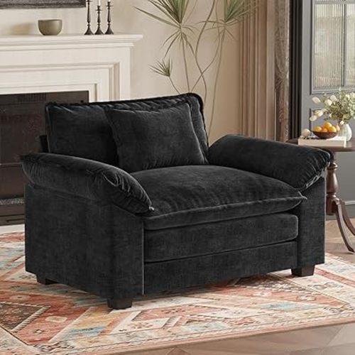 HUSFU Chenille Oversized Accent Chair, Cloud Sofa Chair with Deep Seat and Extra Wide Armrests, Comfy Reading Armchair for Bedroom, Living Room, Black