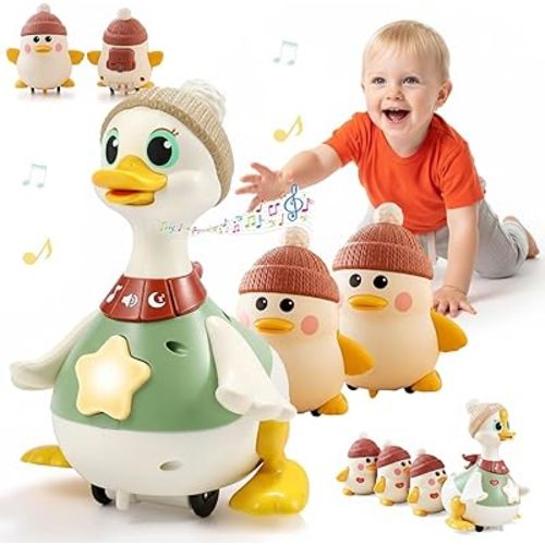 Little Duck Family Tummy Time Toys, Musical Crawling Duck Toy with Light-Up Dancing and Interaction Modes, Little Duck Family for Babies (1+2)