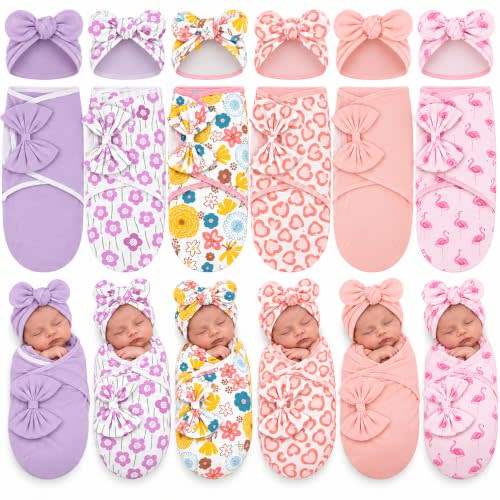 Ramede 6 Pack Baby Swaddle Blankets with Hats,Bow,Pink | Soft Cotton Wrap for Newborn Boys 0-3 Months, Adjustable Breathable Sleep Sack Set, Skin-comfortable Receiving Blanket