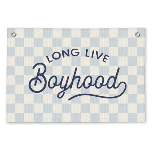 Long Live Boyhood Blue Checkered Boys Room Decor - Linen Banner Wall Hanging Canvas Banner Flag Decor for Toddler Boy Bedroom Nursery Playroom