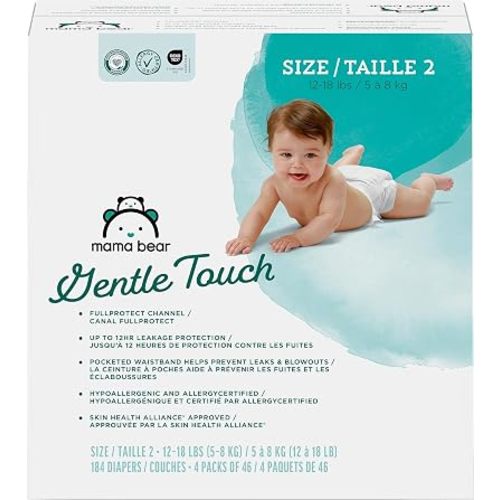 Amazon Brand - Mama Bear Gentle Touch Baby Diapers, Size 2, 184 Count (4 packs of 46), Leak Protection, Wetness Indicator, Formulated Without Fragrance