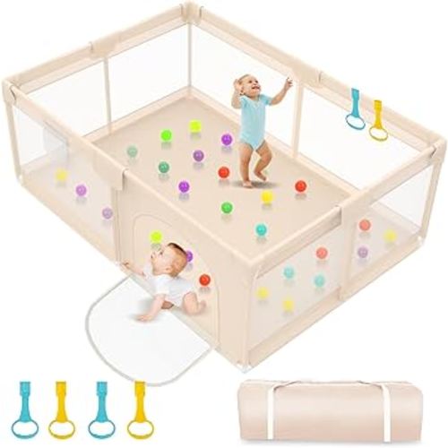 Playpen for Babies and Toddlers 71x59inch - Extra Large Baby Gate Play Pen with Soft Breathable Mesh Cover - Indoor and Outdoor Baby Play Fence - Portable Playpen for Babies (Apricot)
