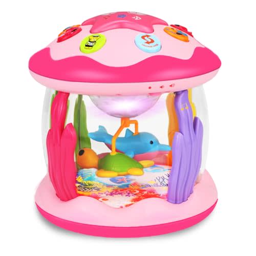 Hapyland Baby Toys 6-12 Months Girl Gifts: Babies Ocean Rotating Light Up Musical Toys for Toddlers 1 2 Year Old Crawling Learning Infant Toy 6 7 8 9 10 11 12 Months Old Baby Girl Gift (Pink)