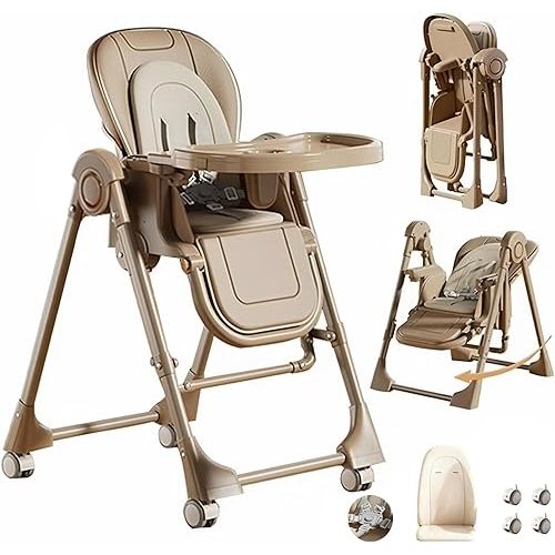2-in-1 Dining Mode and Swing Mode Baby High Chair Toddler Feeding Dining Chair, Multifunctional Foldable High Chair, with Detachable Double Trays and Wheels (X8121 Khaki)