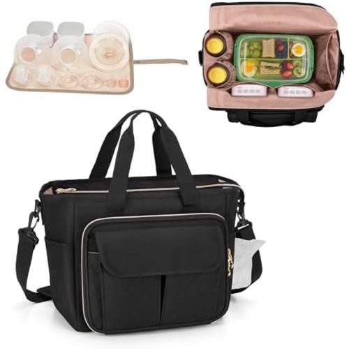 LUXJA Large Wearable Breast Pump Bag with a Waterproof Mat for Wearable Breastfeeding Pump, Carrying Tote Bag with Multiple Pockets for Hands Free Breast Pump and Extra Parts, Black
