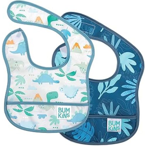 Bumkins Bibs, for Baby Girl or Boy, Infant 3-9 Months,Essential Must Have for Eating, Feeding, Baby Led Weaning, Mess Saving Waterproof Soft Fabric, Starter Bib 2-pk Blue Tropic and Dinosaurs
