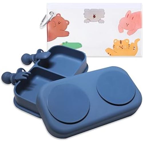 Travel Baby Suction Plate To Go, Portable Silicone Suction Plate Set for Toddler, Baby Divided Bowls with Utensils, Compact Design for Travel and Outdoor, Microwave & Dishwasher Safe