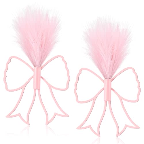Weysat 2 Pcs Pink Bow Wall Decor Boho Nursery Metal Decoration with Artificial Pampas Wall Art Hanging Planters with Artificial Pampas Preppy Decor for Nursery Girls Room Living Room