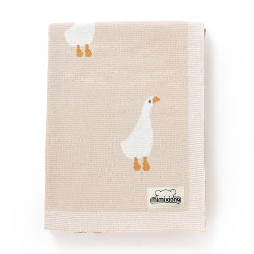 mimixiong Baby Blanket Knit Receiving Boys Girls Blanket Soft Cotton Neutral Blanke for Swaddle Crib Stroller with Cute Goose Beige 30x40 Inch